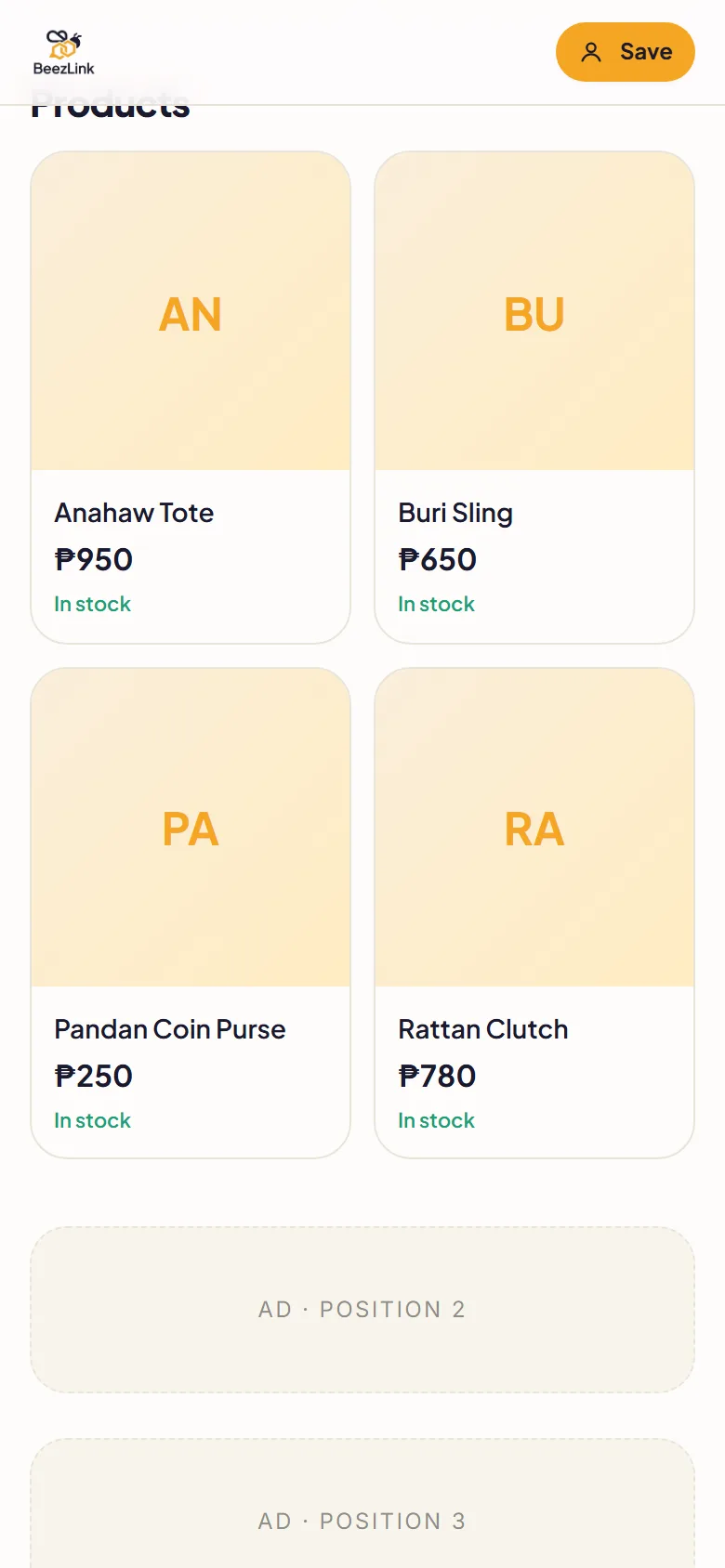 Product grid of a demo BeezLink online seller page showing product names, prices and stock status