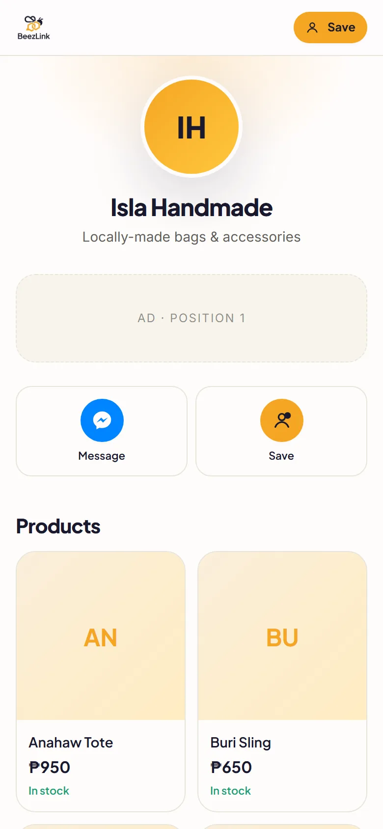 A BeezLink online seller page on a phone showing a product grid with prices