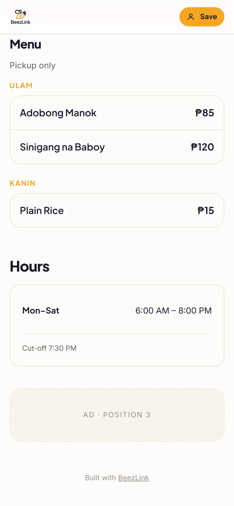 Menu section of a demo BeezLink page with categories, dishes and peso prices, and opening hours