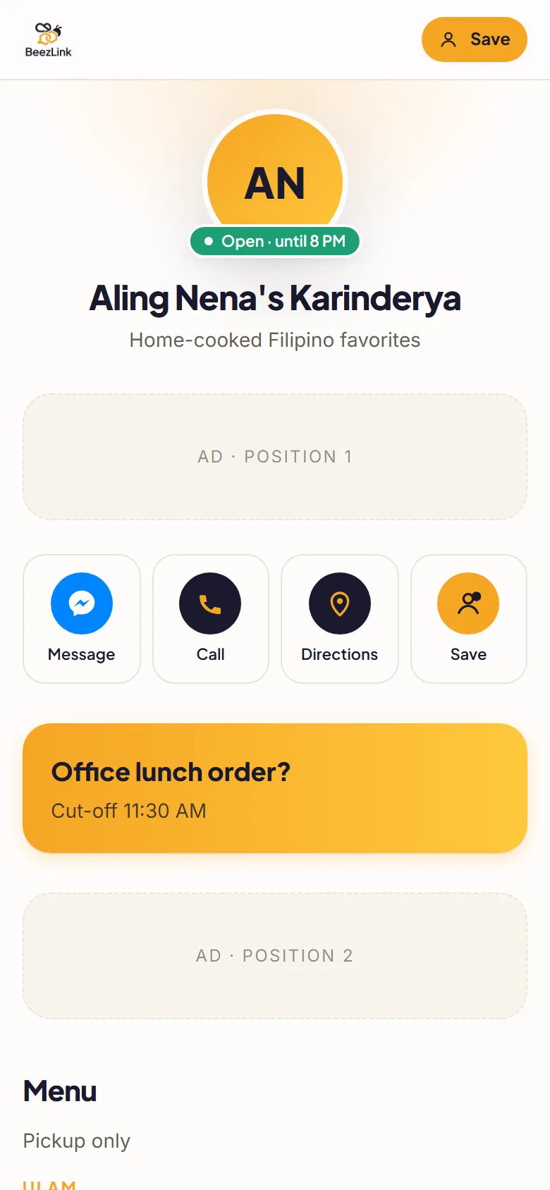 A BeezLink food business page on a phone: business name, open-now status, Message, Call, Directions and Save buttons