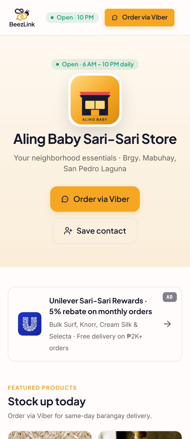 Aling Baby Sari-Sari Store on BeezLink — quick order
